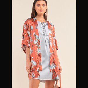 SOLD- New Orange Multicolor Satin Floral Open Front Dolman Sleeve Kimono